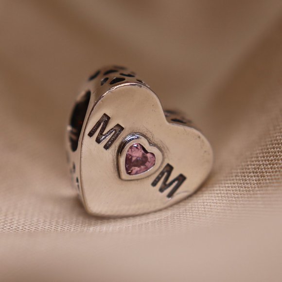 Heart MOM Bracelet Charm with Pink Stone - S925 Sterling Silver Fits Pandora - Picture 4 of 5